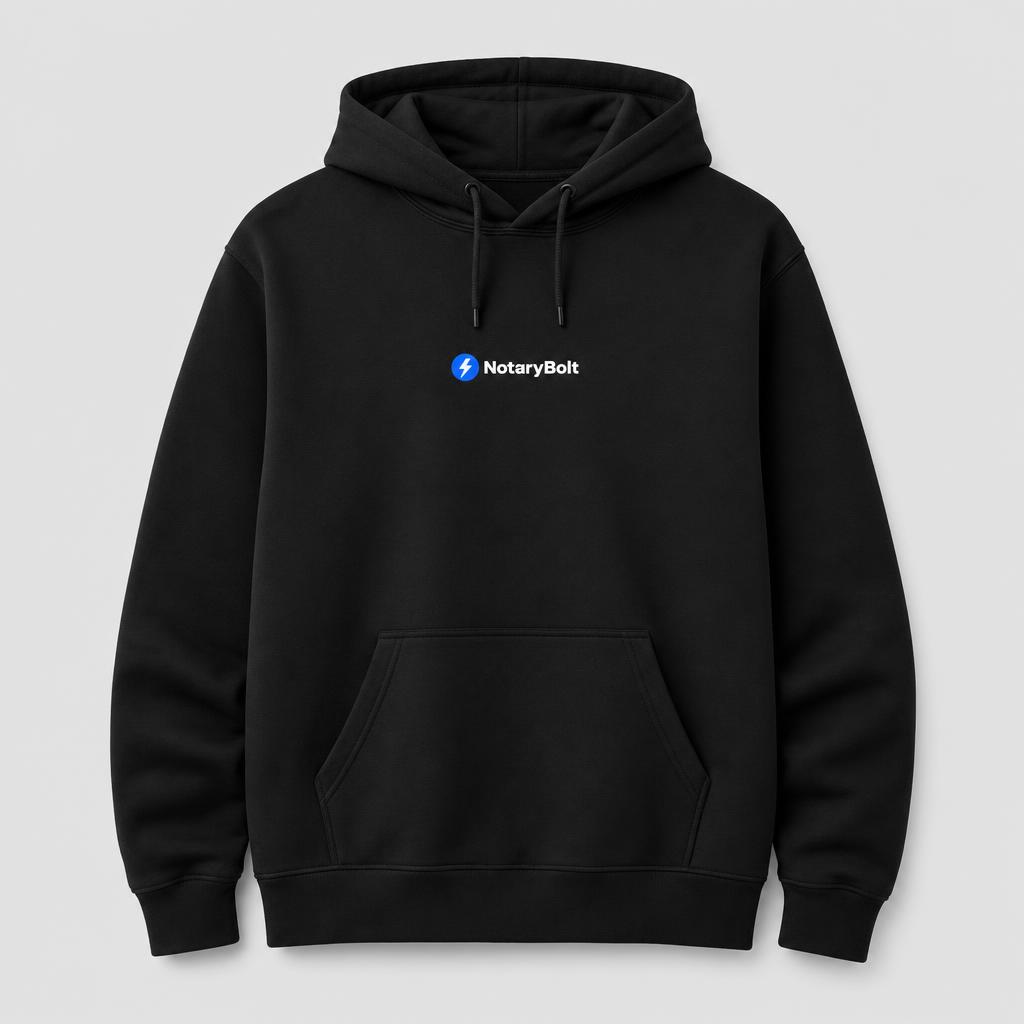 Black NotaryBolt hoodie with yellow lightning bolt logo